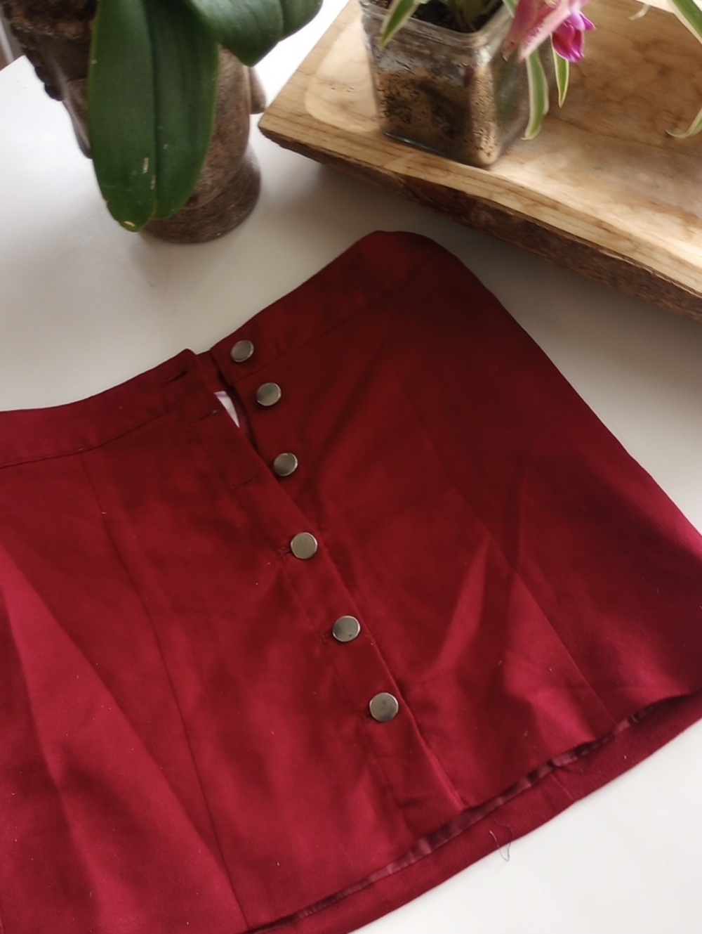 Divided Button-Front Wine Red Mini Skirt